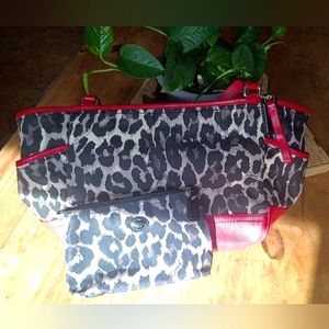 Red and leopard print Coach purse and matching travel accessory